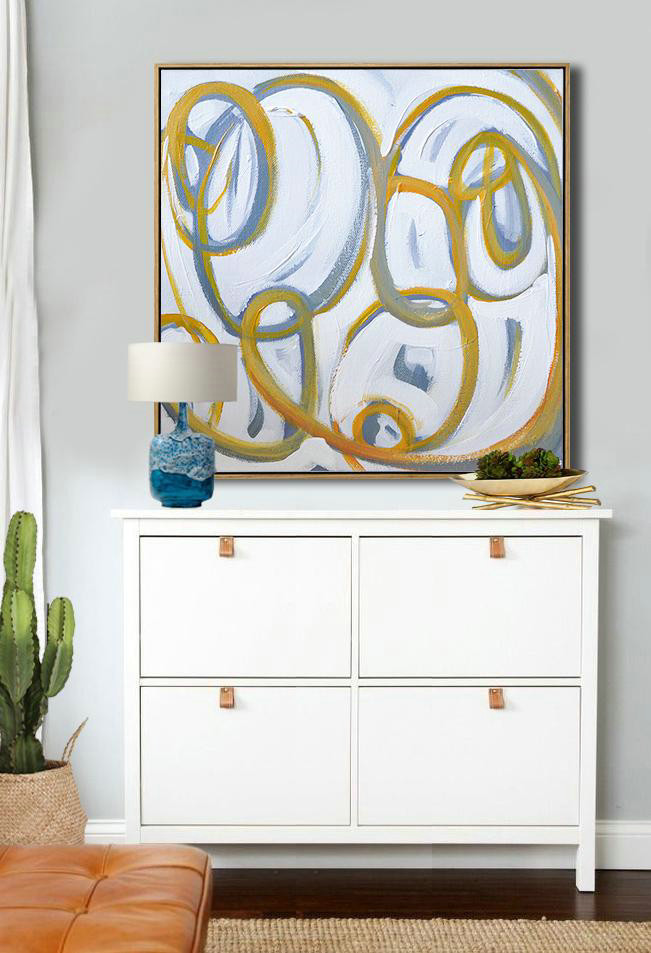Handmade Large Contemporary Art,Oversized Palette Knife Painting Contemporary Art On Canvas,Hand Painted Original Art,Yellow,White,Dove Grey .etc